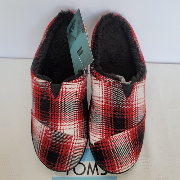 TOMS Mens Berkeley Faux Fur Lined Slip-On Slippers-Red Plaid- Men's Size 10 - Picture 4 of 13